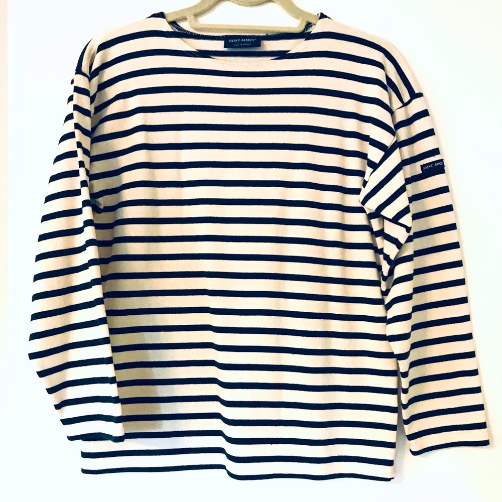 Saint James Ecru & Navy Blue Striped L-Sleeve